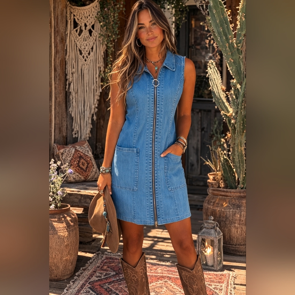 #75 Sleeveless Blue Denim Zip-Front Dress